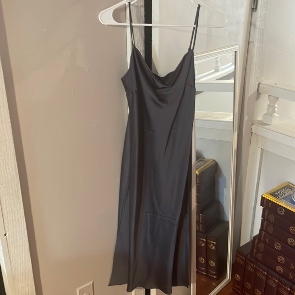 Silk type dress, navy blue/grey
